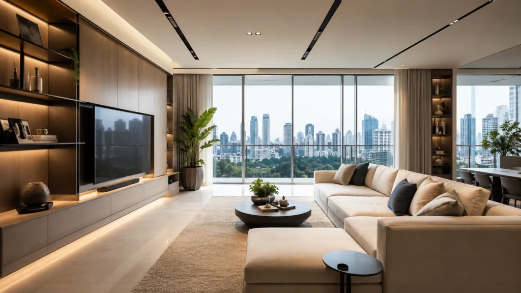 Condo Interior Design Singapore – Modern Living Room Ideas Modern condo interior design Singapore featuring an open-concept living room with built-in storage and minimalist décor.