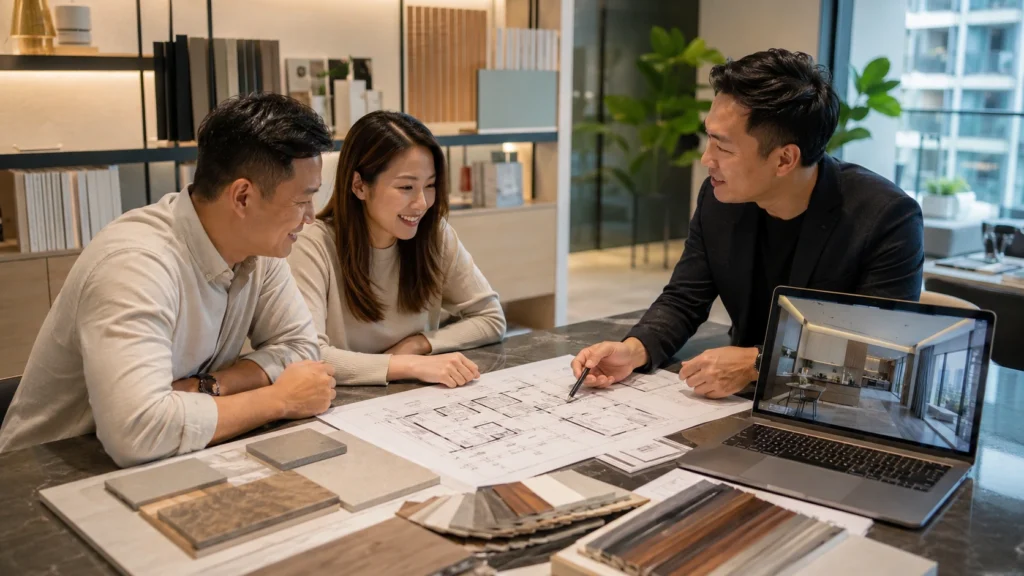 Interior Designer Consultation for Singapore Condos Interior designer discussing condo renovation plans with homeowners in Singapore.