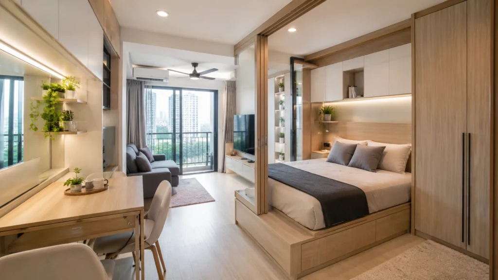 Space-Saving Condo Interior Design Ideas Singapore Small Singapore condo with built-in storage, platform bed, foldable furniture, and smart space-saving solutions.