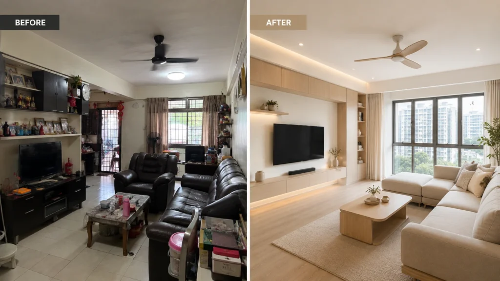 Before and after comparison of a 4-room HDB minimalist living room renovation in Singapore with smart storage and open layout.