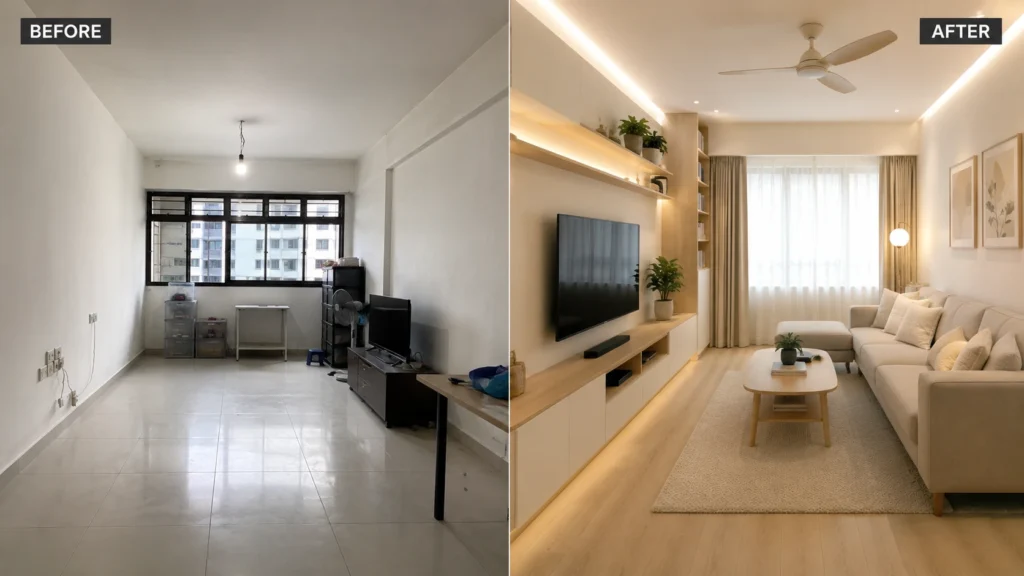 Before and after budget-friendly BTO minimalist living room renovation in Singapore using IKEA furniture and custom carpentry.
