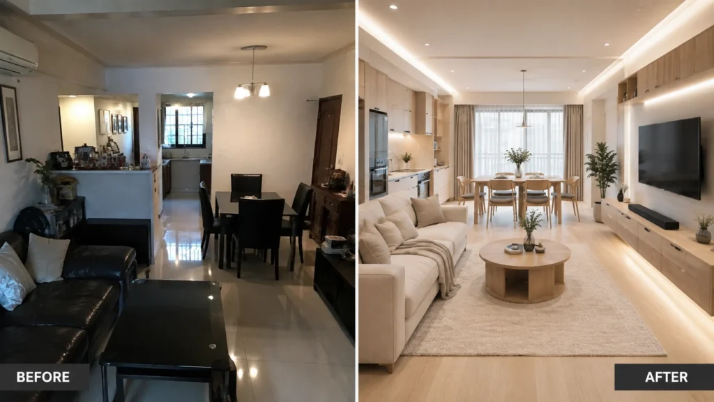 Before and after compact Singapore condo renovation with an open-concept minimalist interior, hidden storage, and modern space-saving design.
