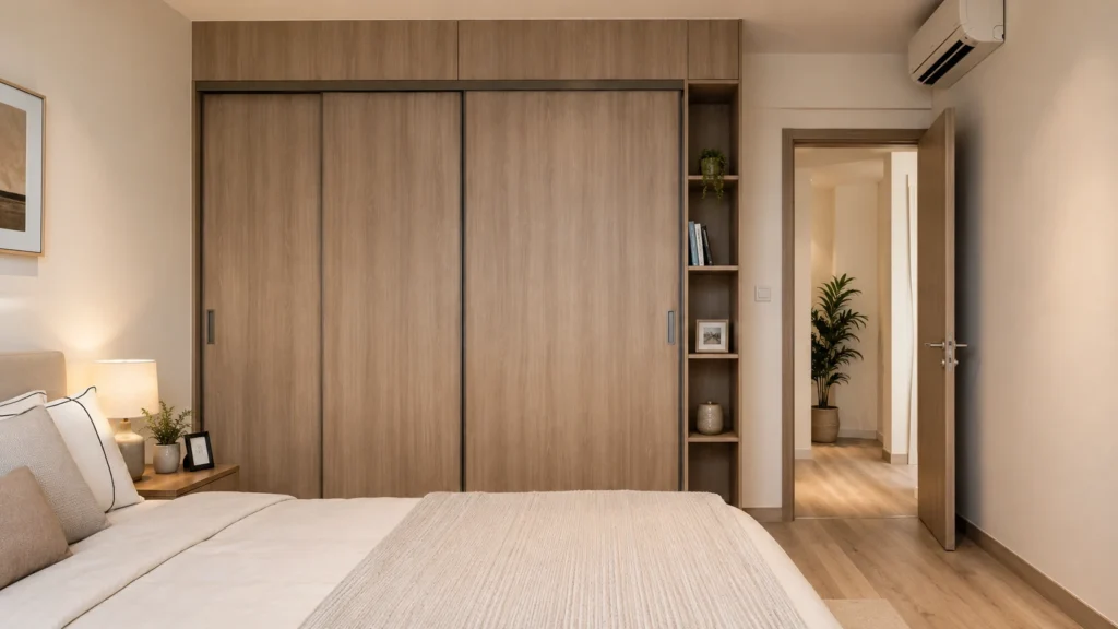 Full-height built-in wardrobe maximising vertical storage in a small Singapore apartment