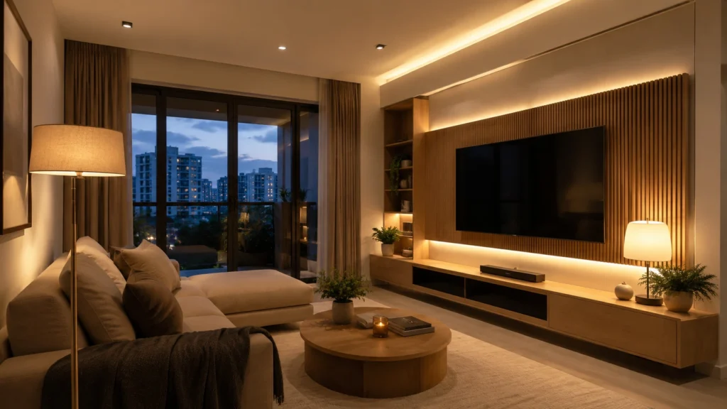 Modern Singapore living room with layered lighting and TV wall