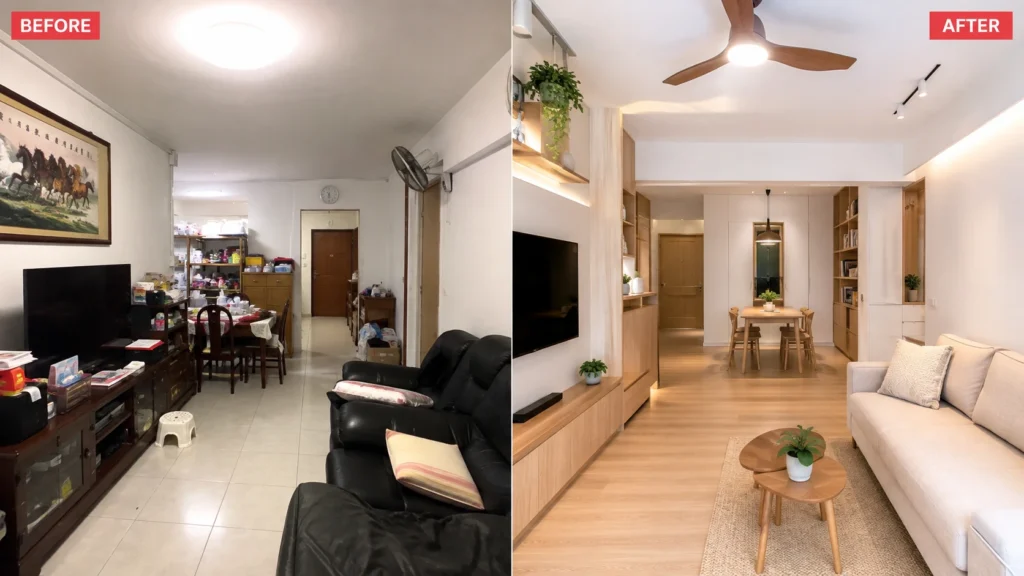 Before and after minimalist home renovation in a Singapore HDB apartment.