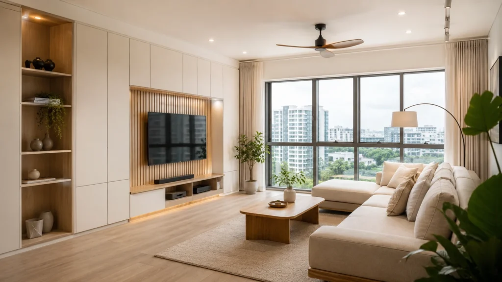 Modern minimalist home design in a Singapore HDB apartment with warm neutral interiors and smart storage.