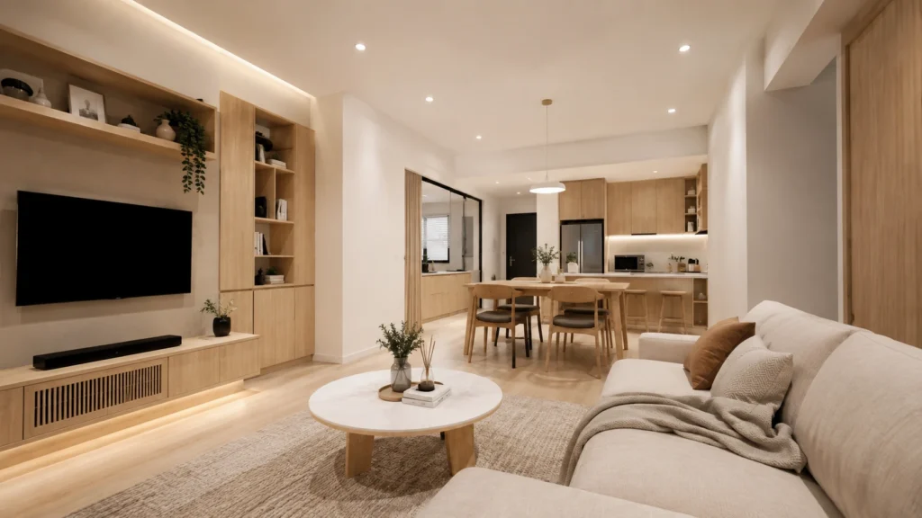 Minimalist living room in a Singapore HDB featuring smart storage and neutral colours.