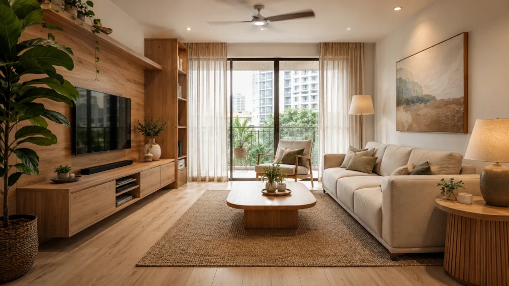 Modern Singapore living room with natural wood furniture