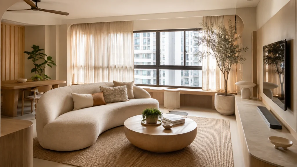 Organic modern living room with natural materials in Singapore