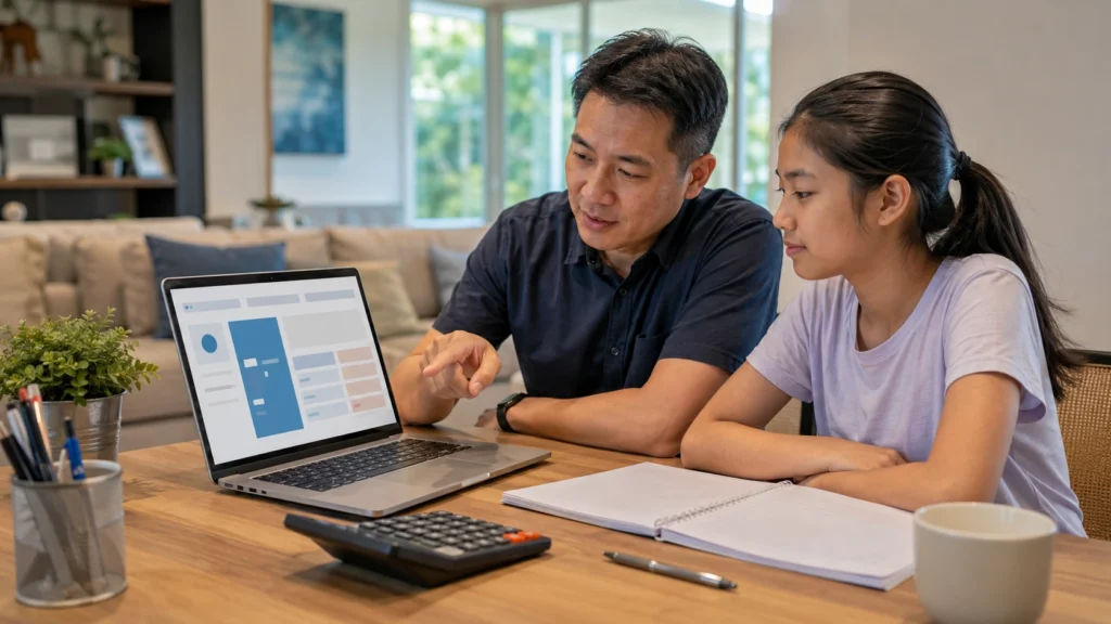 Parent and child comparing secondary school choices after PSLE