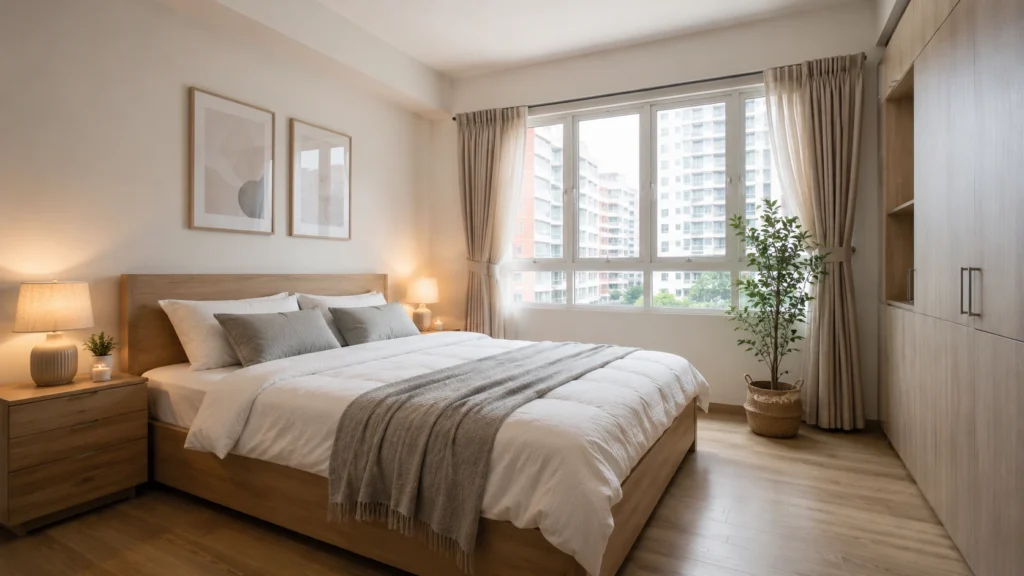 Scandinavian bedroom Singapore with natural wood furniture