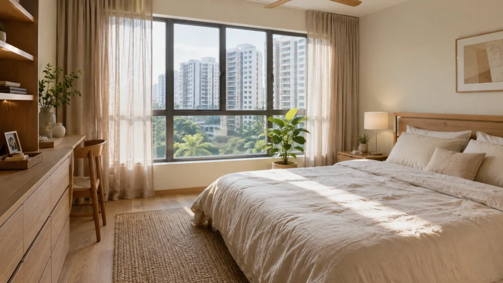 Singapore bedroom designed for hot and humid climate with breathable materials