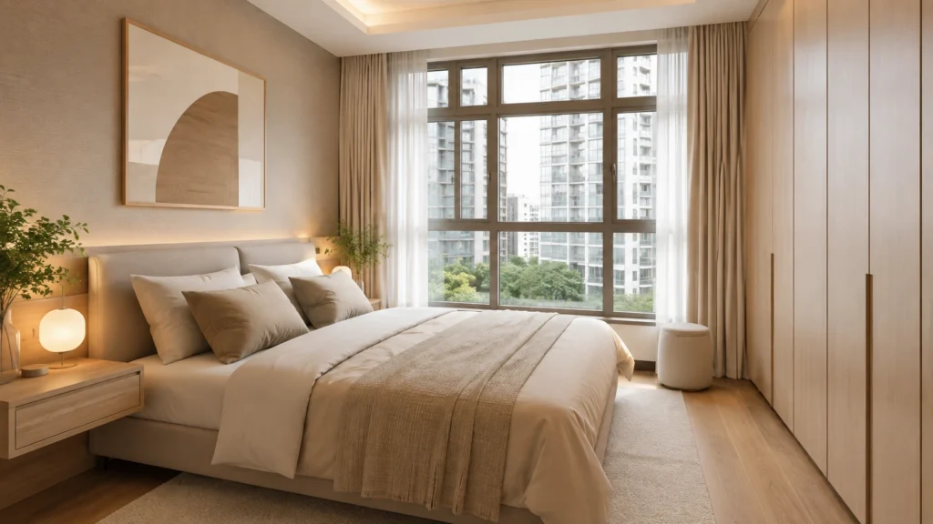 Stylish Singapore HDB master bedroom with practical storage and warm neutral design