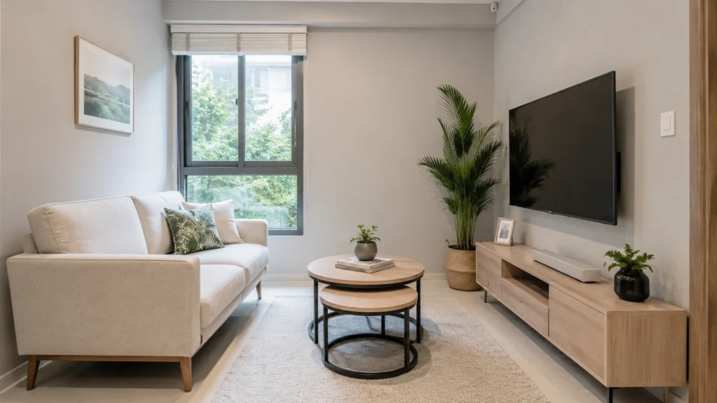 Slim-profile sofa with visible legs in a small Singapore apartment living room