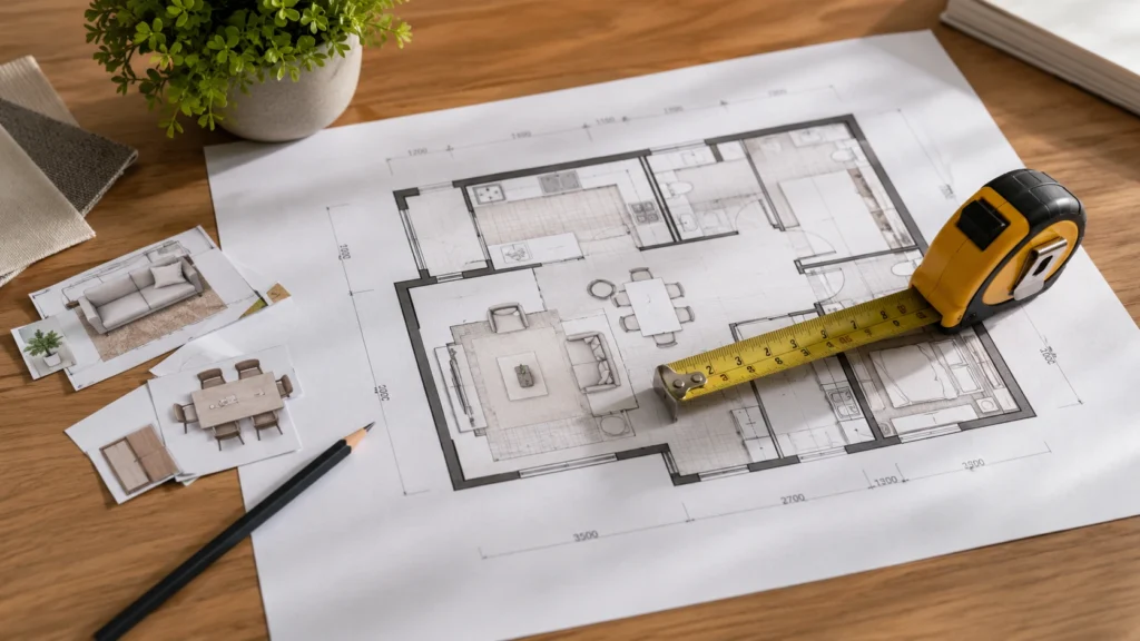 Floor plan sketch and measuring tape for small apartment design planning in Singapore