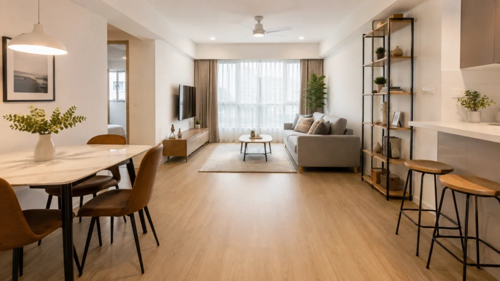 Compact HDB apartment interior in Singapore designed for maximum space efficiency