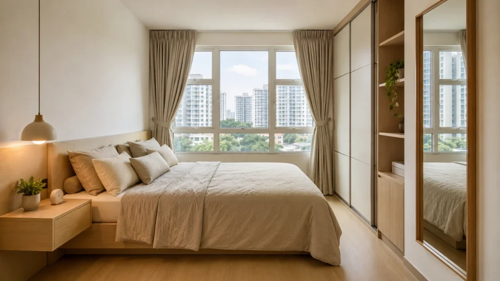 Small bedroom design Singapore with sliding wardrobe, mirror and space-saving furniture