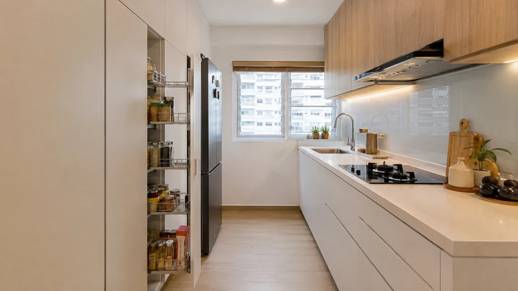 Efficient small kitchen design with pull-out storage in a Singapore HDB flat