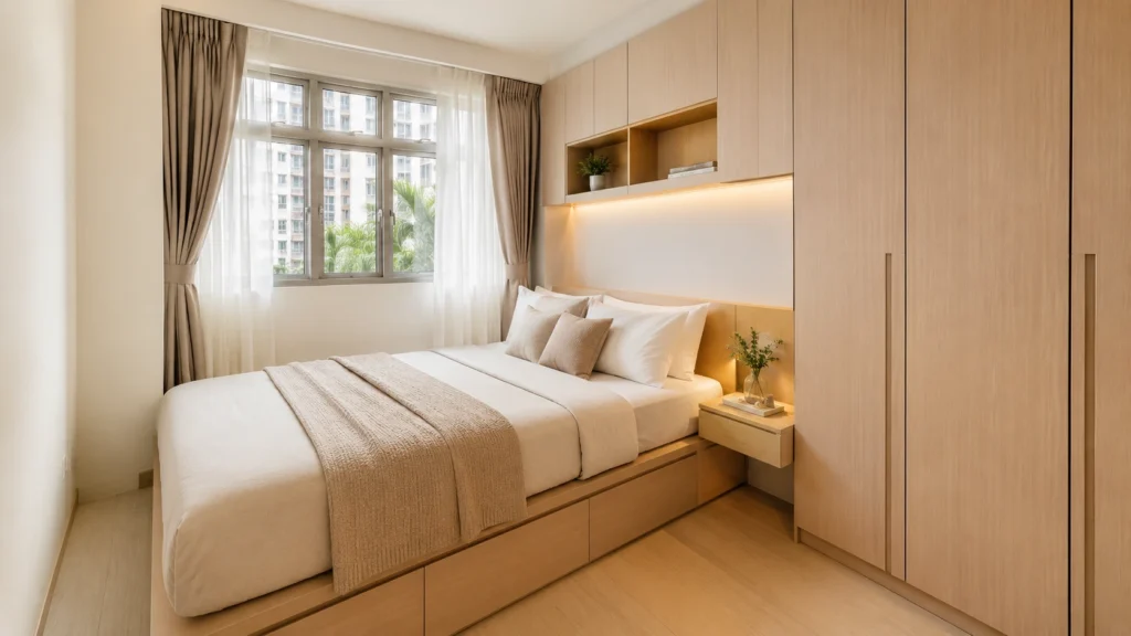 Small HDB bedroom with storage bed and space-saving furniture in Singapore