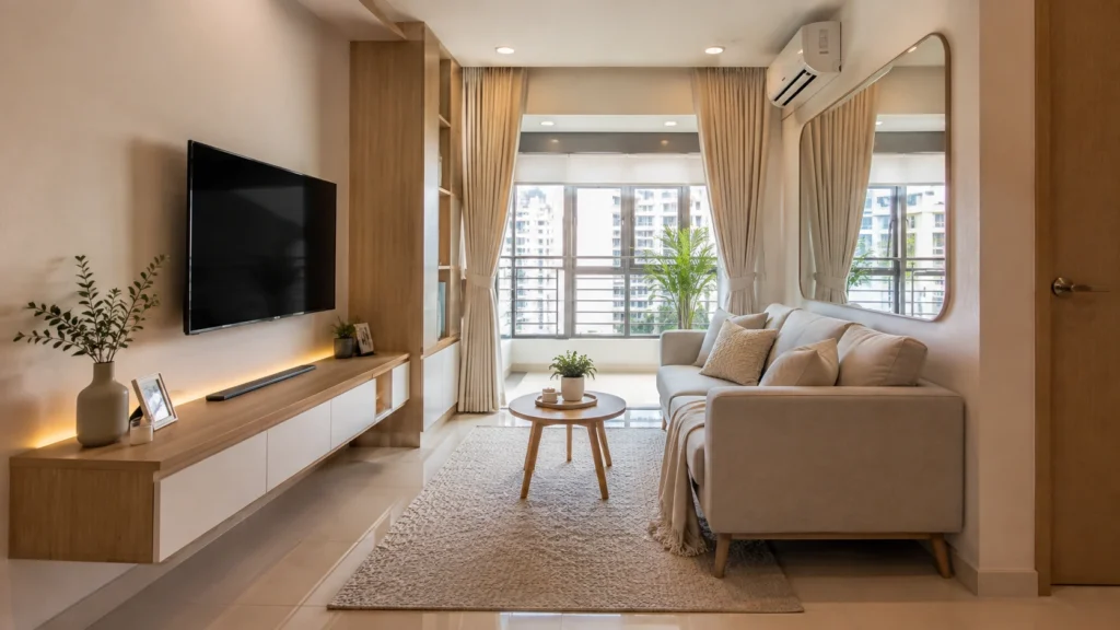 Small HDB living room with modern space-saving design