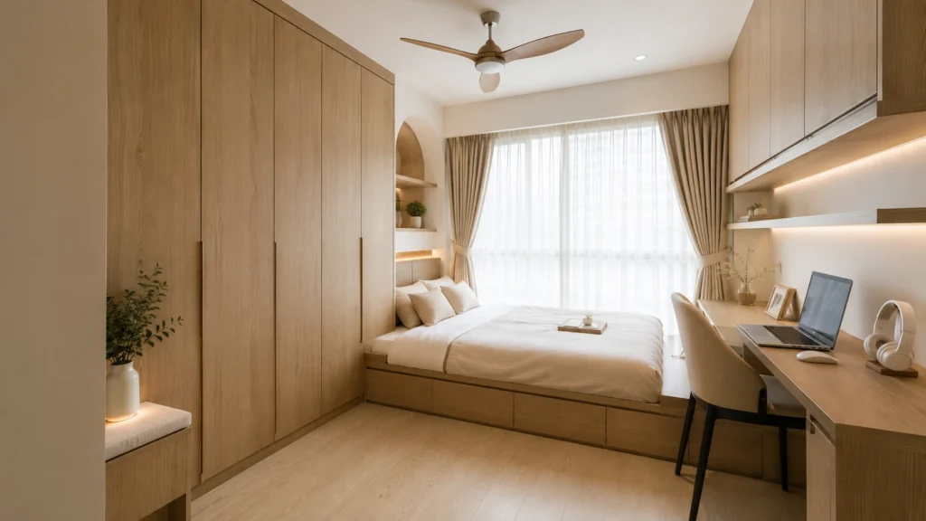 Smart storage ideas for a small Singapore bedroom with built-in wardrobes and hidden storage.