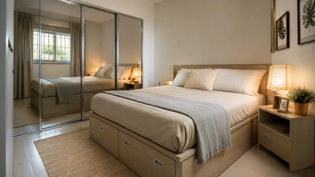 Storage bed and sliding wardrobe doors in a small Singapore apartment bedroom