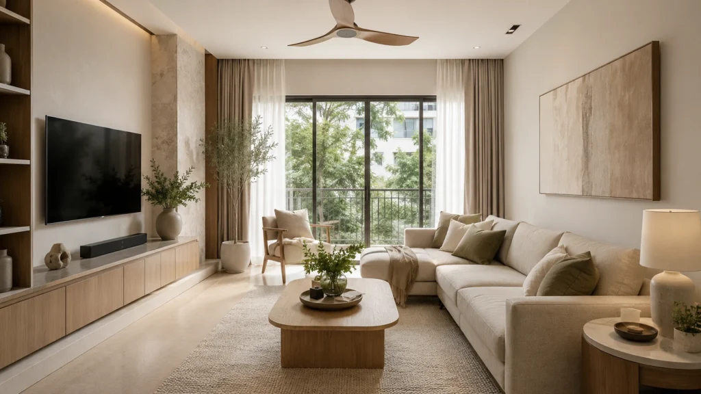 Warm neutral modern living room in a Singapore home