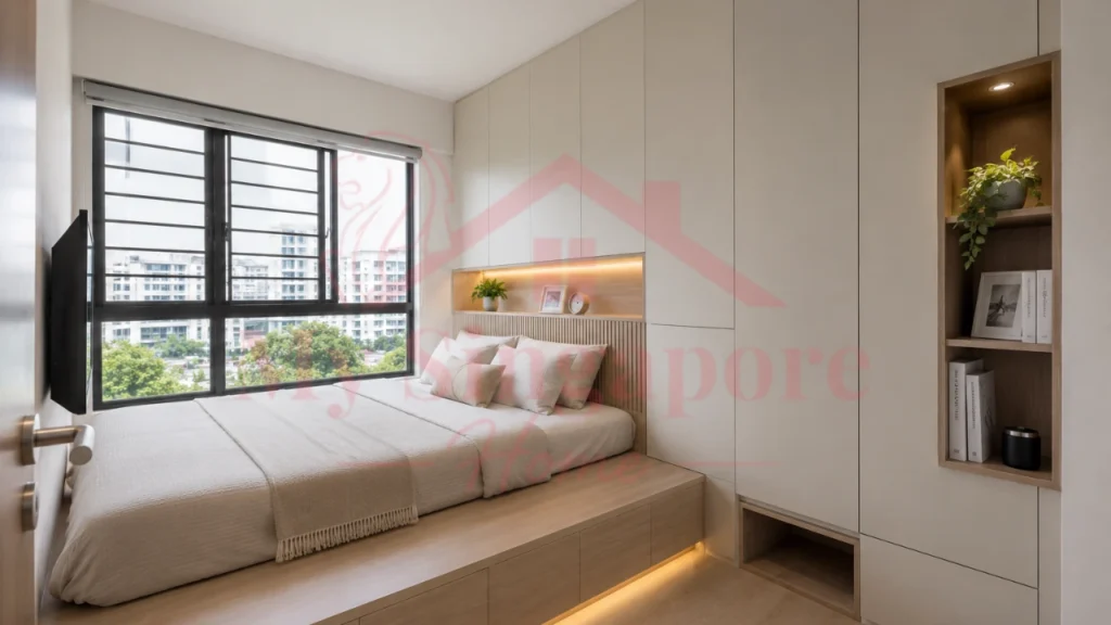 Space-saving storage solutions for a small HDB bedroom renovation in Singapore.