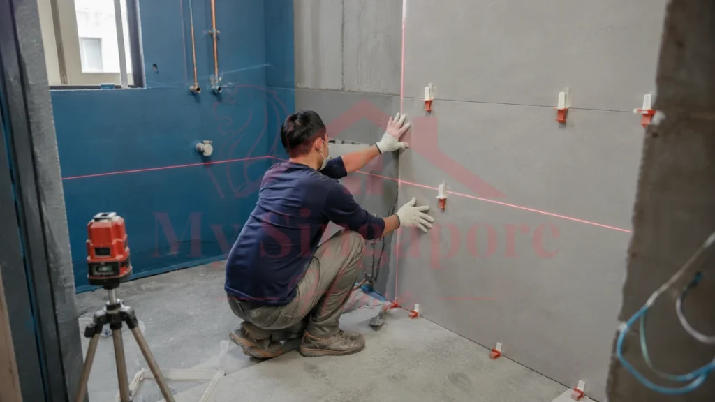 Professional Bathroom Renovation Work Professional contractor installing bathroom wall tiles during a renovation project in Singapore.