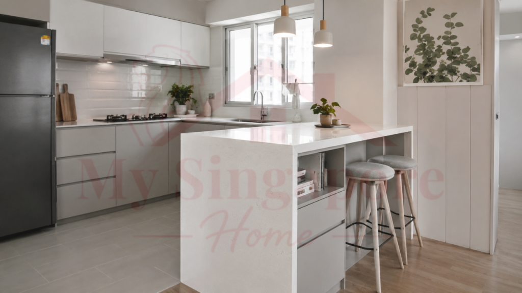 Waterfall Countertop Island for HDB Kitchens Compact waterfall countertop kitchen island in a small Singapore HDB kitchen