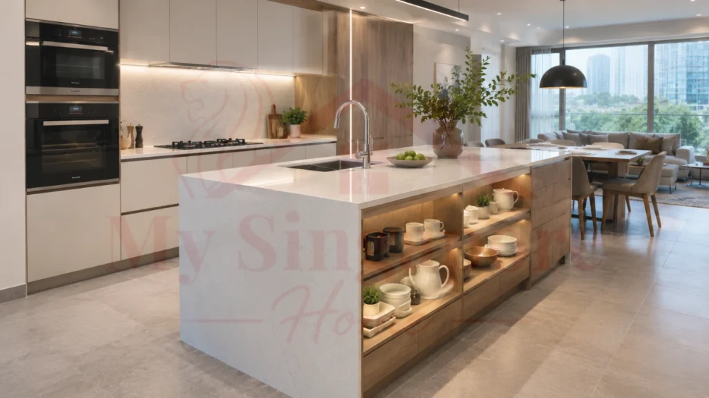 Double-Sided Island with Built-In Sink Double-sided kitchen island with built-in sink in an open-concept condo kitchen